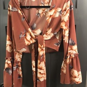 Floral wrap bell sleeve top